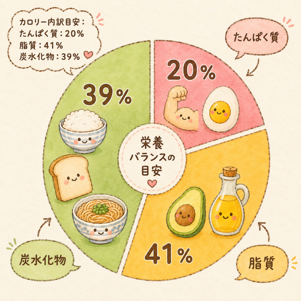 たんぱく質20%、脂質41%、炭水化物39%のカロリー内訳を、手書き風の可愛い円グラフで紹介した栄養バランス画像。たんぱく質には卵、脂質にはアボカドとオイル、炭水化物にはごはんやパン、麺のイラストを添えた、食事の栄養バランスの目安がわかる画像。