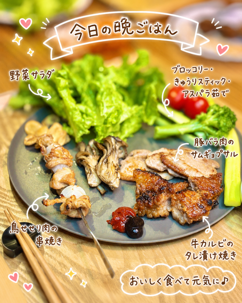 鶏せせり肉の串焼き、豚バラ肉のサムギョプサル、牛カルビのタレ漬け焼きと野菜を盛りつけ、手書き風の可愛い文字で料理名を紹介した焼肉プレートの写真