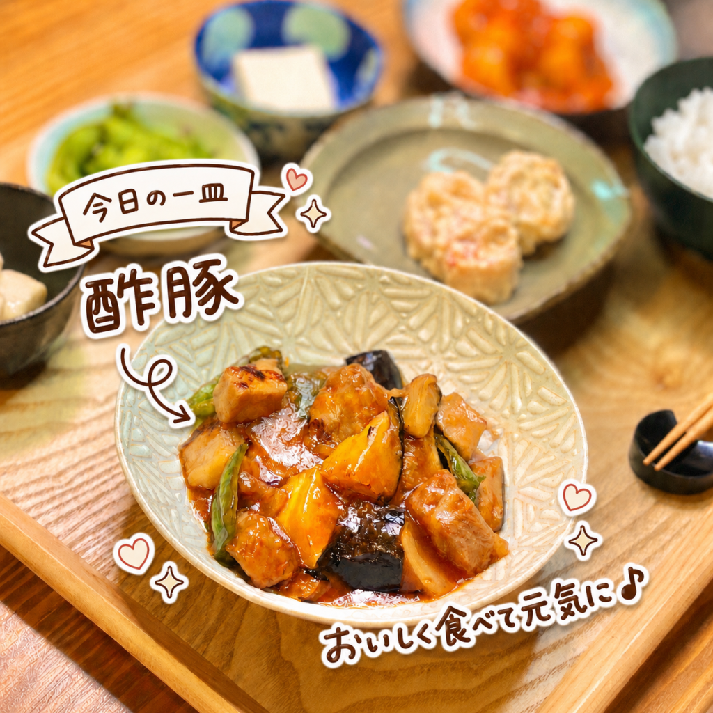 甘酢あんが絡んだ酢豚を手前のお皿に盛りつけた写真。今日の一皿として手書き風の文字で酢豚を可愛く紹介している