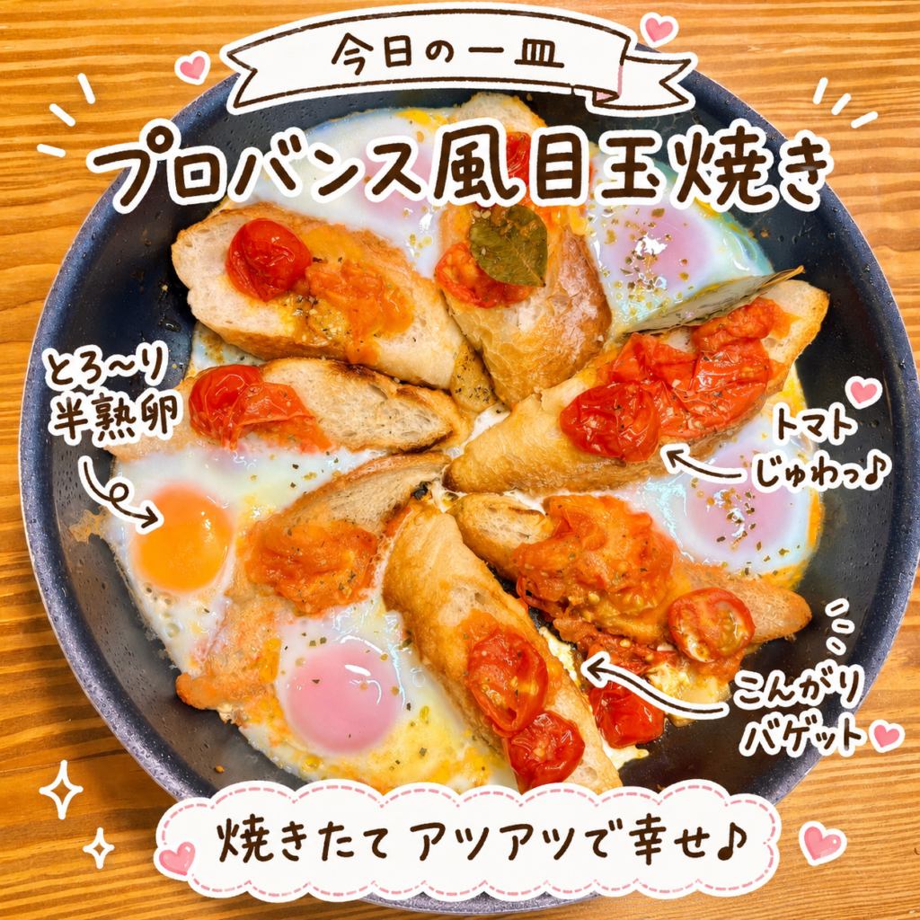 プロバンス風目玉焼きをアップで写した写真。バゲットにトマトソースと半熟卵が絡み、トマトやパンとの相性を手書き風の文字で紹介している