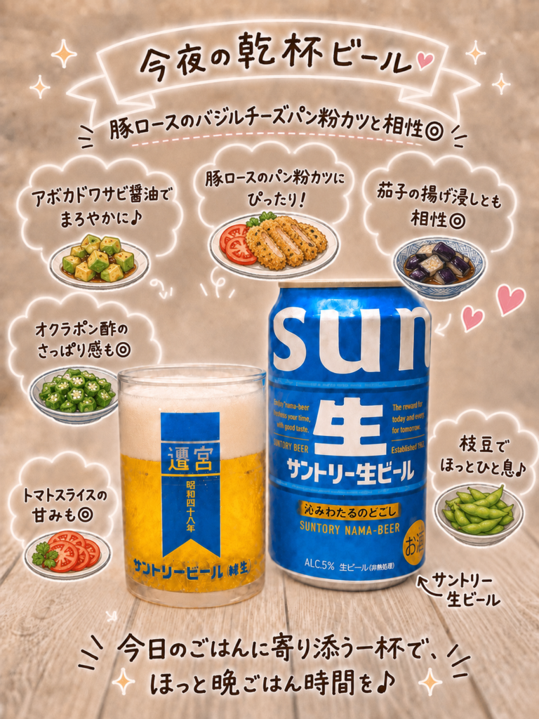 豚ロースのバジルチーズパン粉カツや茄子の揚げ浸し、オクラポン酢などの献立に合わせたサントリー生ビール。