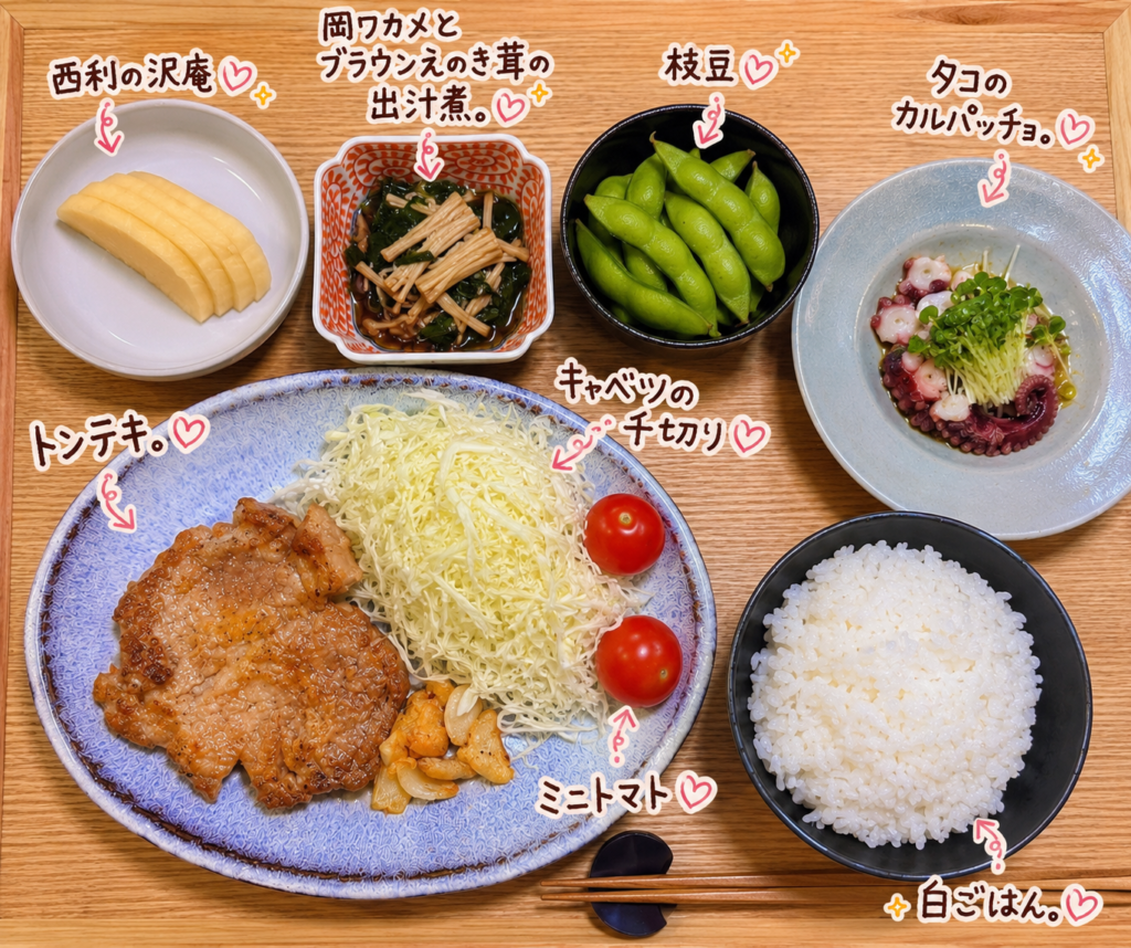 塩味トンテキを主菜に、タコのカルパッチョ、岡ワカメとブラウンえのき茸の出汁煮、枝豆、西利の沢庵を合わせた晩ごはん献立