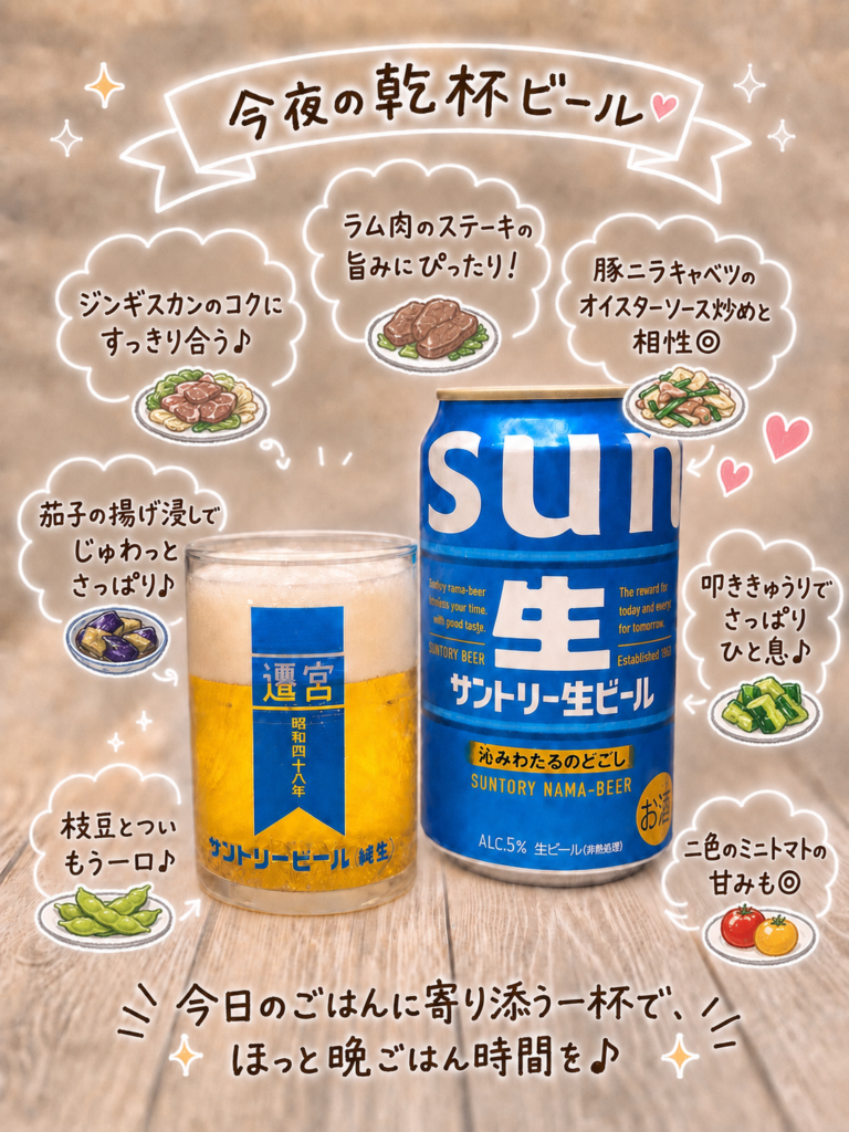 サントリー生ビールとグラスに注いだビールの写真。ジンギスカン、ラム肉のステーキ、豚ニラキャベツのオイスターソース炒め、茄子の揚げ浸し、叩ききゅうり、枝豆、二色のミニトマトに合う一杯として手書き風の文字で紹介している