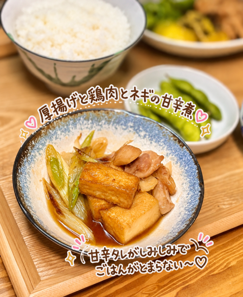 厚揚げと鶏肉とネギの甘辛煮。甘辛ダレがしみ込んだ厚揚げと鶏肉で、ご飯が進む人気のおかず。
