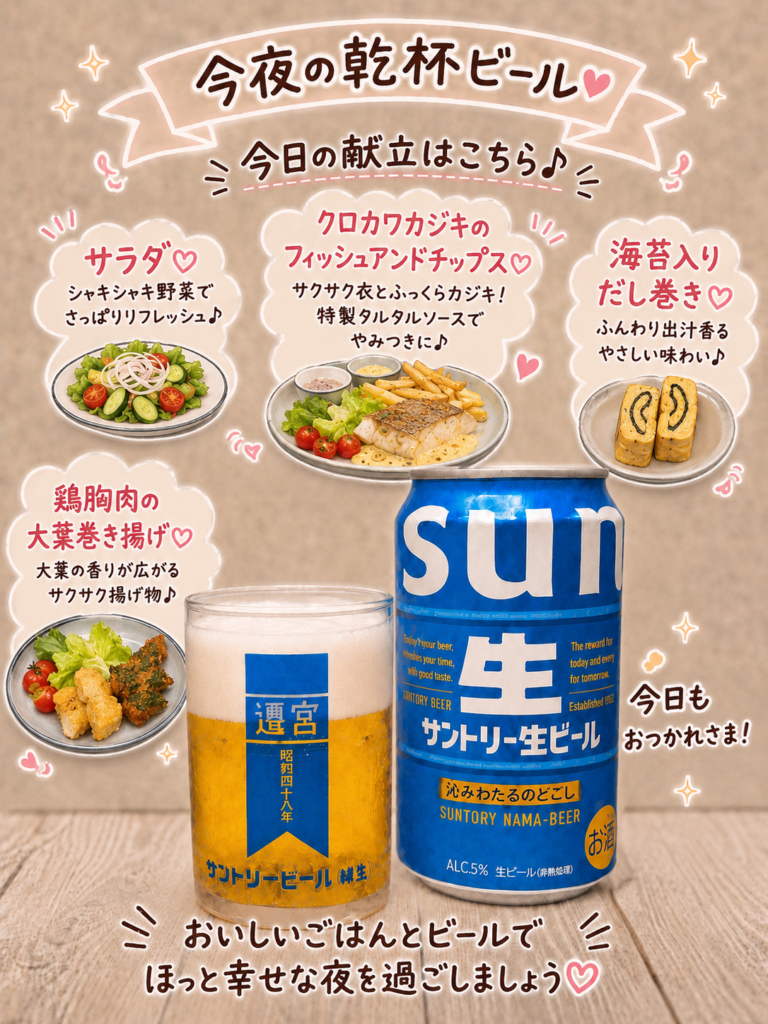 サントリー生ビールとクロカワカジキのフィッシュアンドチップス献立。鶏胸肉の大葉巻き揚げや海苔入りだし巻き卵と楽しむ、おうち居酒屋風の晩ごはん。