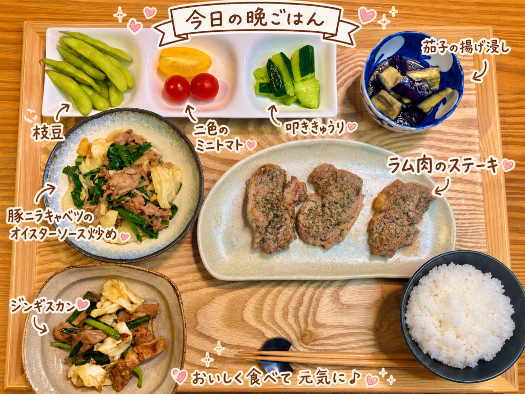 ジンギスカン、ラム肉のステーキ、豚ニラキャベツのオイスターソース炒め、茄子の揚げ浸し、叩ききゅうり、二色のミニトマト、枝豆、白ごはんを木のトレーに並べた旦那キッチンの晩ごはん献立写真。手書き風の文字で料理名を可愛く紹介している