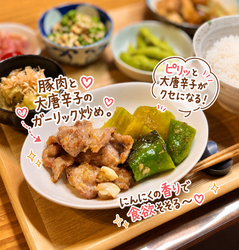 豚肉と大唐辛子のガーリック炒め。にんにくの香りが食欲をそそる、ご飯にもビールにも合う簡単おかず。