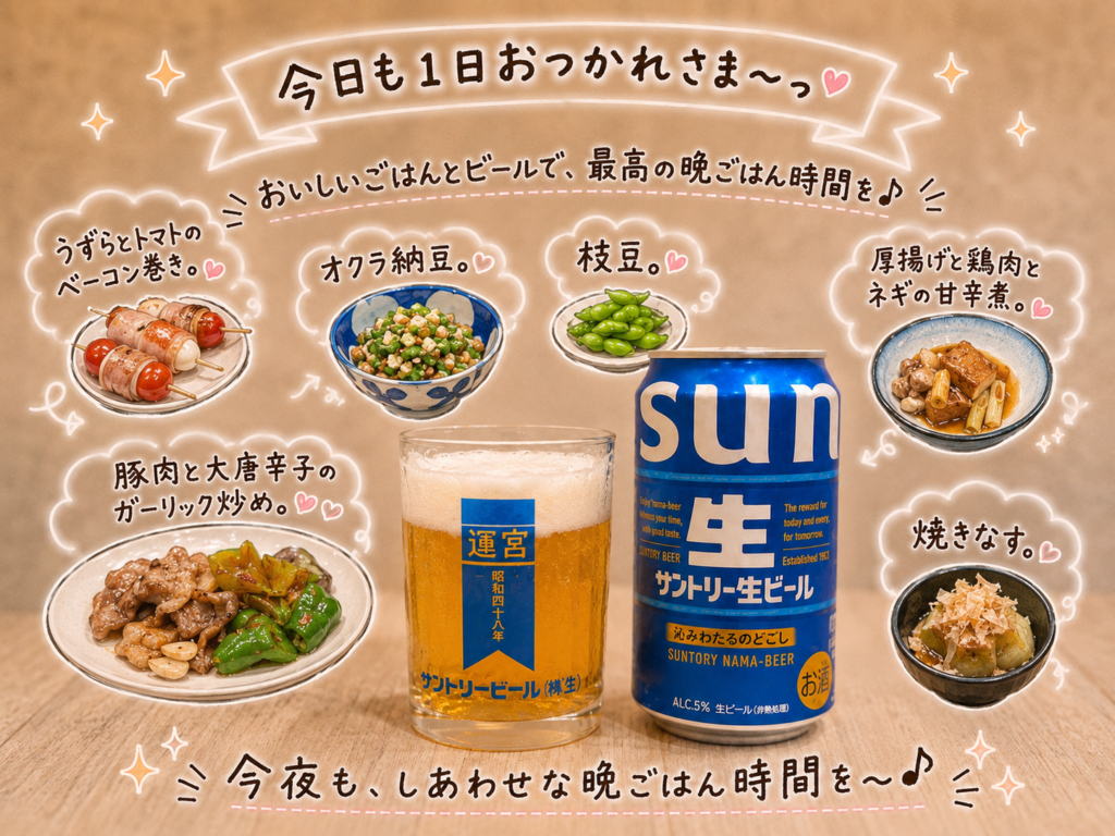 サントリー生ビールと豚肉と大唐辛子のガーリック炒め献立。家庭料理と相性抜群の晩酌スタイル。