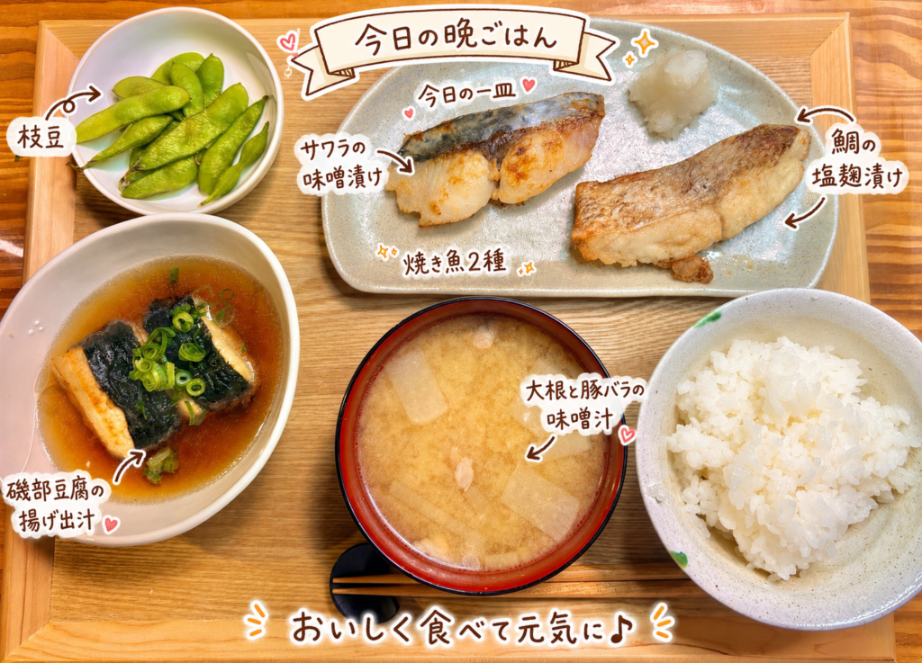 1枚目:
サワラの味噌漬け、鯛の塩麹漬け、磯部豆腐の揚げ出汁、大根と豚バラの味噌汁、枝豆、白ごはんを木のトレーに並べた焼き魚2種の和食献立写真。手書き風の文字で料理名を可愛く紹介している。