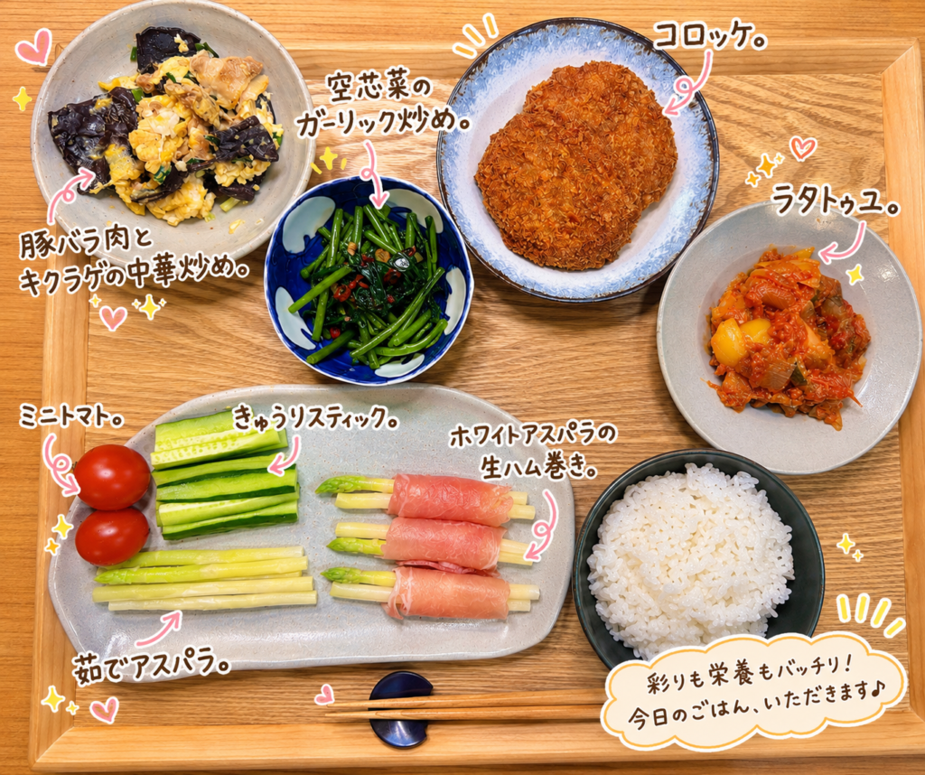 コロッケの献立例。豚バラ肉とキクラゲの中華炒め、空芯菜のガーリック炒め、ラタトゥユ、ホワイトアスパラの生ハム巻き、きゅうりスティック、ミニトマトを盛り付けた野菜たっぷりの晩ごはん。