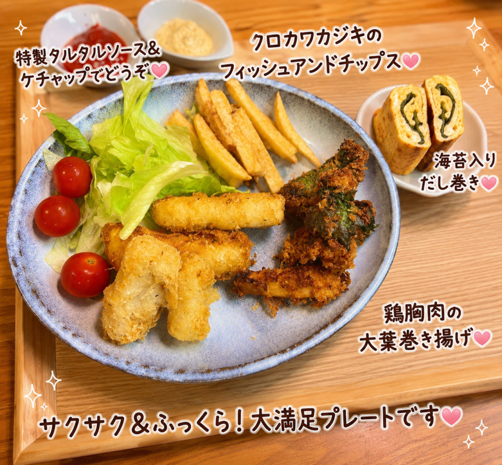 クロカワカジキのフィッシュアンドチップスと鶏胸肉の大葉巻き揚げ、海苔入りだし巻き卵を盛り付けたワンプレート。特製タルタルソースとケチャップで楽しむ簡単献立。