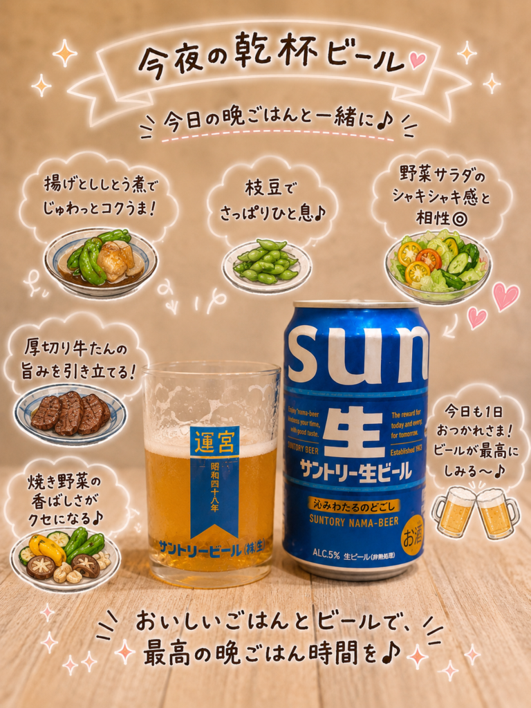 サントリー生ビールと、おうち焼肉献立に合わせた相性の良い副菜を紹介した乾杯ビールのペアリング画像。