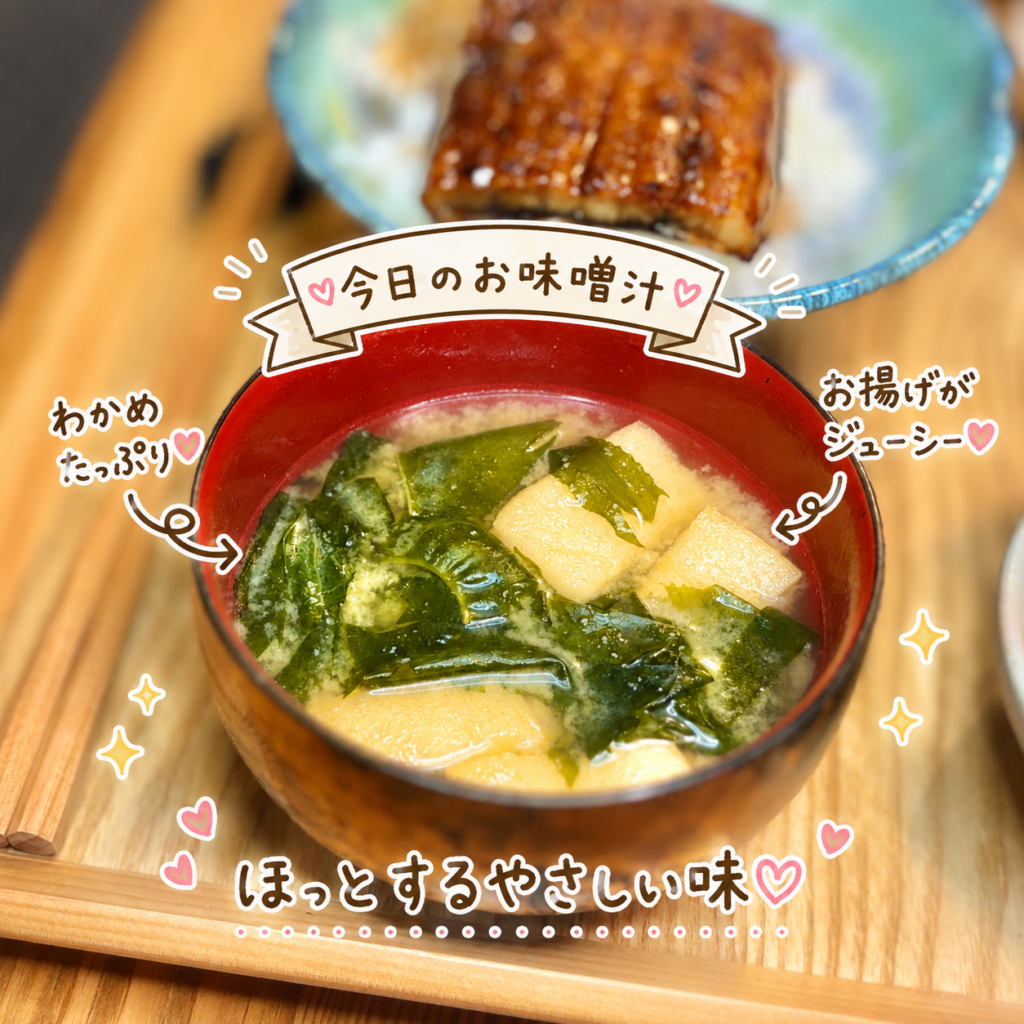 わかめをたっぷり使い、油揚げの旨みが広がるやさしい味わいの味噌汁