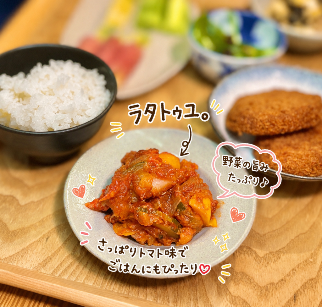 ラタトゥユのアップ写真。トマトの旨みをたっぷり閉じ込めた、ズッキーニやパプリカなど夏野菜を使った作り置きにもおすすめの副菜。