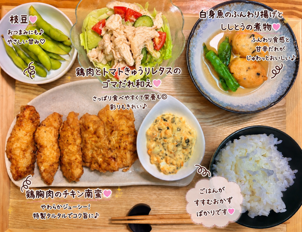 鶏胸肉のチキン南蛮をメインに、鶏肉とトマト・きゅうり・レタスのゴマだれ和え、白身魚のふんわり揚げとししとうの煮物、枝豆、ご飯を合わせたチキン南蛮献立