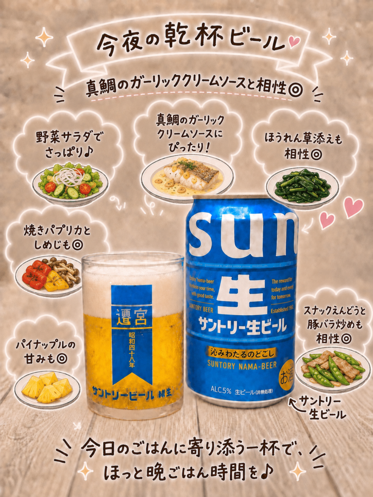サントリー生ビールと真鯛のガーリッククリームソースを合わせた晩酌イメージと、ほうれん草や焼き野菜などの副菜紹介