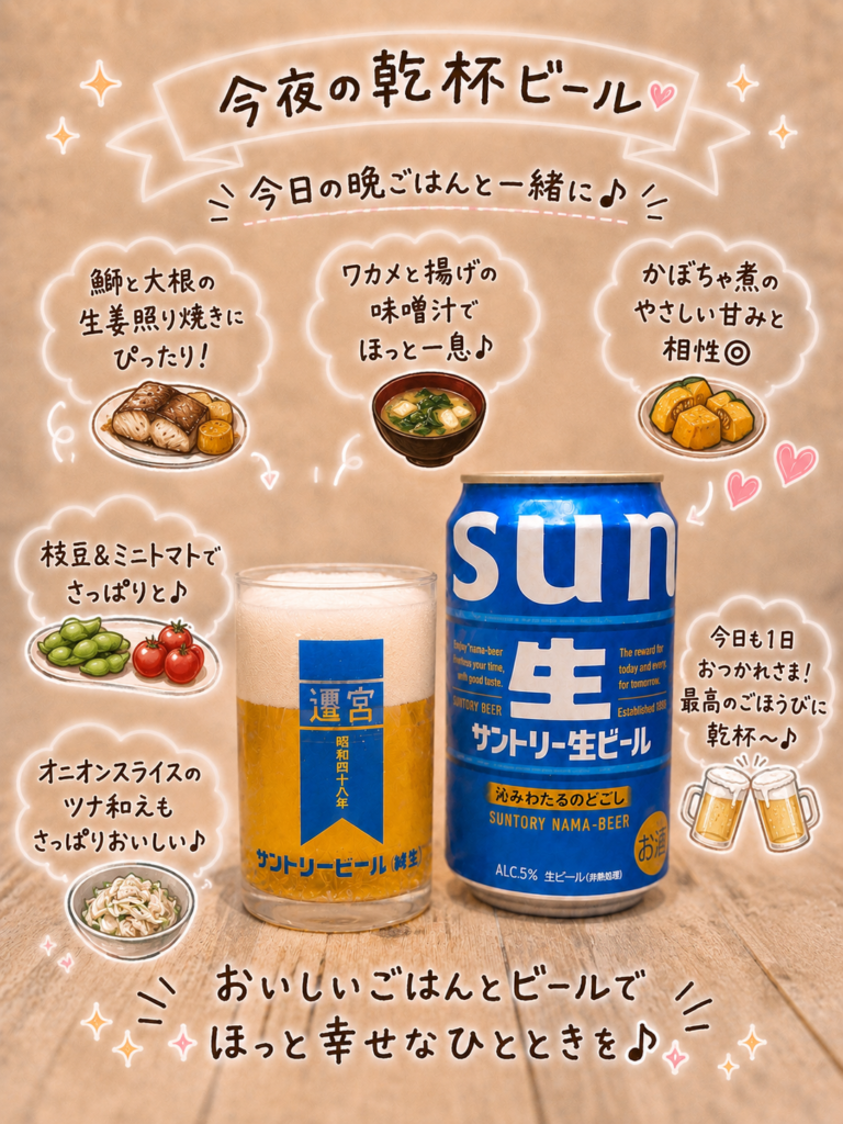 サントリー生ビールと、うな丼や鰤の生姜照り焼きに合わせた晩酌の様子