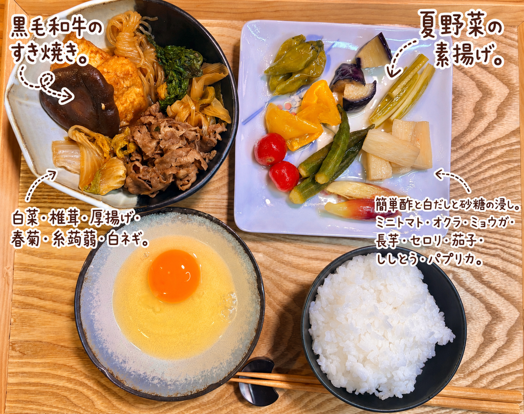 黒毛和牛のすき煮を主役に、白菜・椎茸・厚揚げ・春菊・糸こんにゃく・白ねぎ、生卵、白ごはん、ミニトマト・オクラ・みょうが・長芋・セロリ・茄子・ししとう・パプリカの夏野菜の素揚げ浸しを合わせた和食の晩ごはん献立