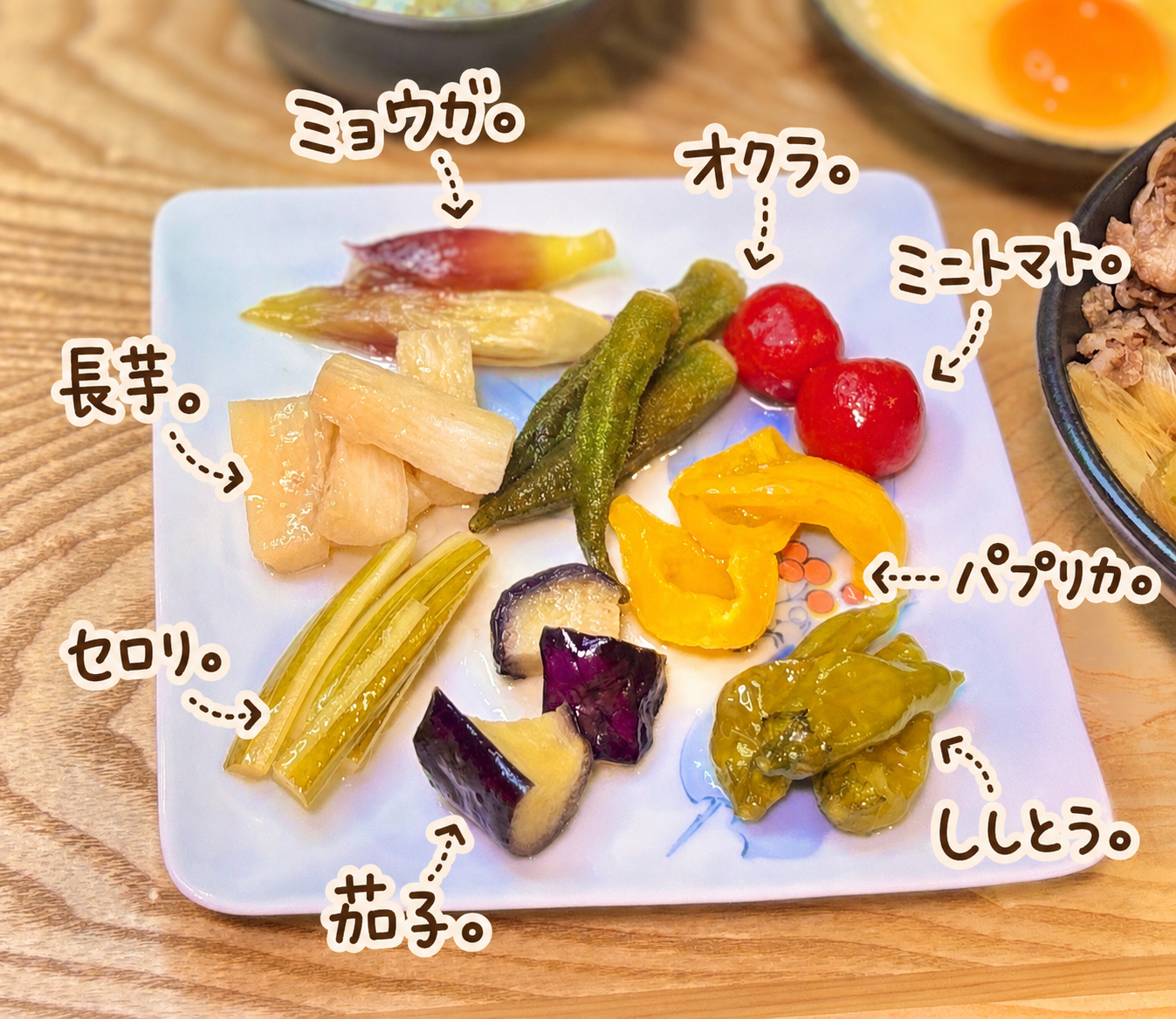 ミニトマト、オクラ、みょうが、長芋、セロリ、茄子、ししとう、パプリカを素揚げし、簡単酢・白だし・砂糖のつゆに浸した彩り豊かな夏野菜の簡単副菜