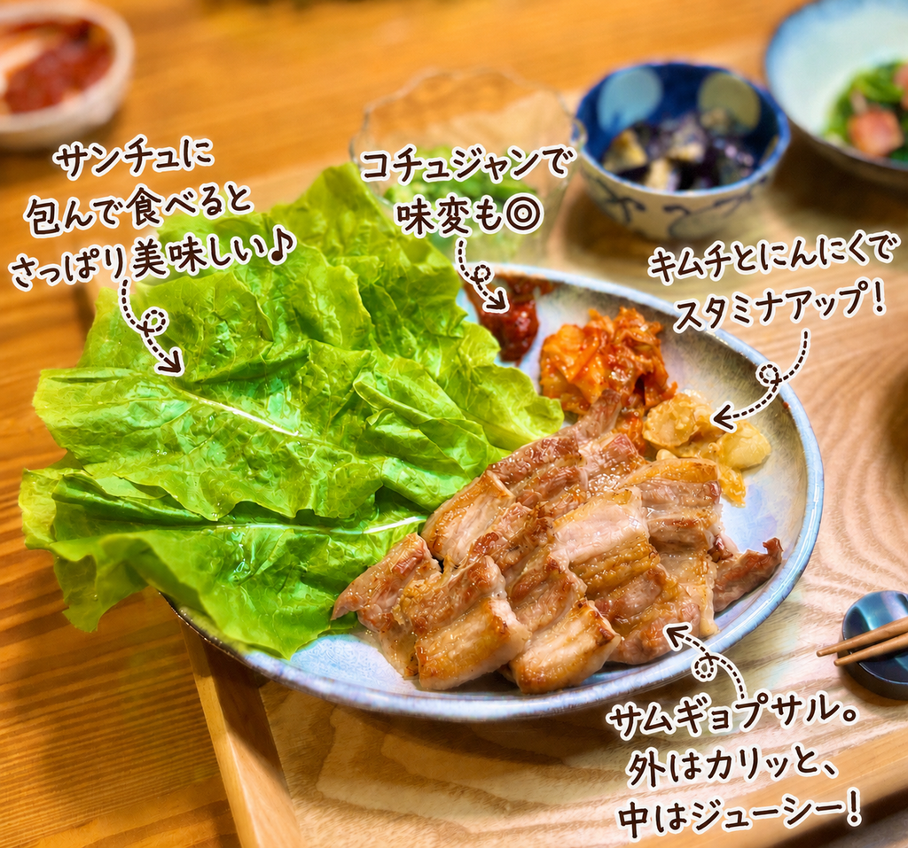 おうちで楽しむ簡単サムギョプサル。香ばしく焼いた厚切り豚バラ肉をサンチュで包み、キムチ、にんにく、コチュジャンを合わせて食べる韓国料理のメインおかず