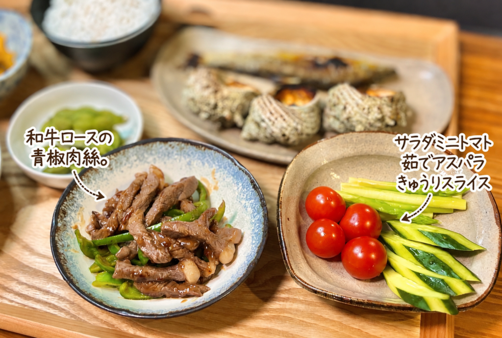 やわらかな和牛ロースとピーマンを炒めた青椒肉絲と、ミニトマト・茹でアスパラ・きゅうりスライスを添えた簡単野菜サラダ