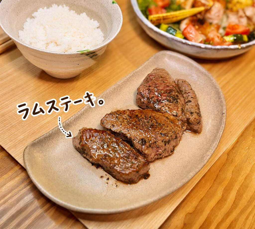 香ばしく焼いたラムステーキの盛り付け｜ジューシーなラム肉をシンプルに楽しむおうちステーキ献立