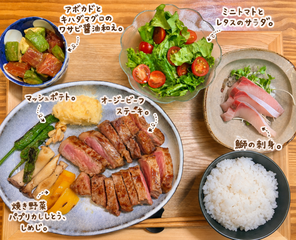 オージービーフステーキを主役に、マッシュポテト、パプリカ・ししとう・しめじの焼き野菜、鰤の刺身、ミニトマトとレタスのサラダ、アボカドとキハダマグロのワサビ醤油和えを並べた豪華な晩ごはん献立