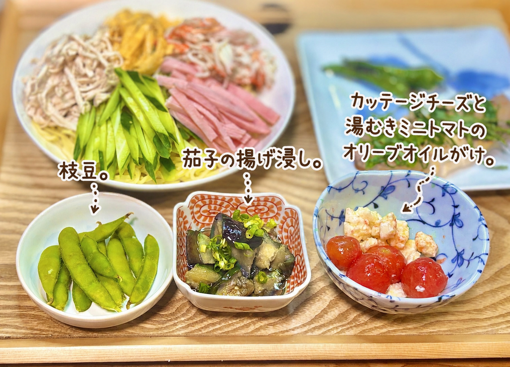 冷やし中華の副菜に合わせた枝豆、めんつゆが染みた茄子の揚げ浸し、カッテージチーズと湯むきミニトマトのオリーブオイルがけ
