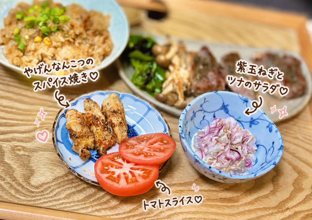 香ばしく焼いたやげんなんこつのスパイス焼きとトマト、紫玉ねぎとツナのマヨネーズサラダ。ラム肉ステーキ献立に合わせた簡単副菜