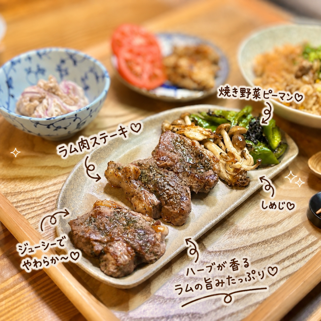 ラム肉ステーキをメインに、ガーリックラムステーキチャーハン、やげんなんこつのスパイス焼き、紫玉ねぎとツナのサラダ、トマト、焼きピーマンとしめじを合わせた晩ごはん献立
