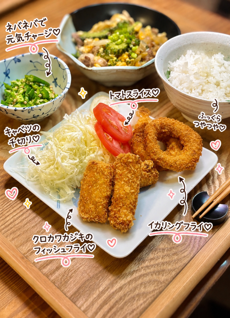 サクサクに揚げたクロカワカジキのフィッシュフライとイカリングフライに、千切りキャベツ、トマト、茹でオクラ、ゴーヤーチャンプルー、白ごはんを添えた晩ごはん献立