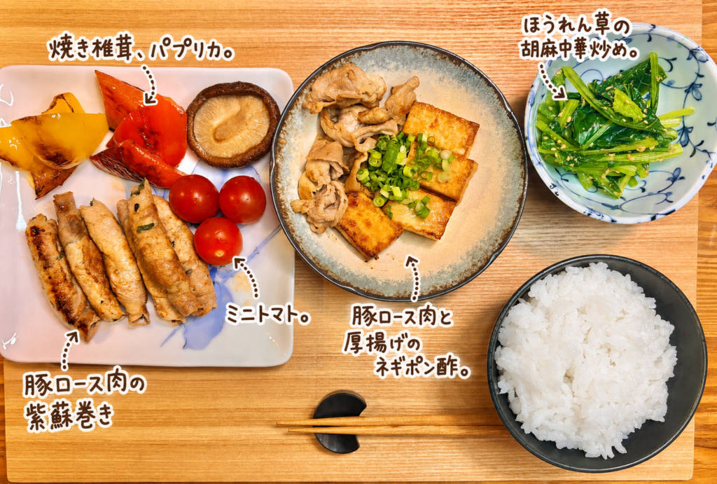豚ロース肉と厚揚げのネギポン酢、豚ロース肉の紫蘇巻き、ほうれん草の胡麻中華炒め、焼き椎茸とパプリカ、ミニトマト、白ごはんを合わせた簡単晩ごはん献立