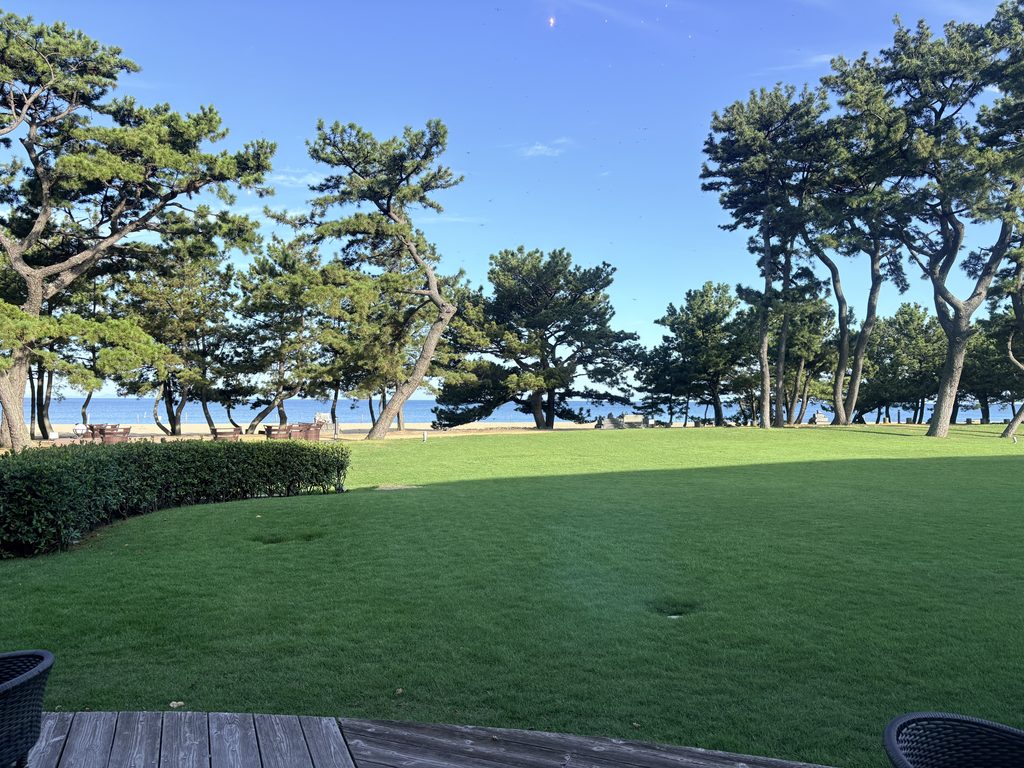 淡路島「あわじ浜離宮 別荘 鐸海」の庭から望む慶野松原と海。広い芝生と松林、青い海が広がる開放的なリゾート風景