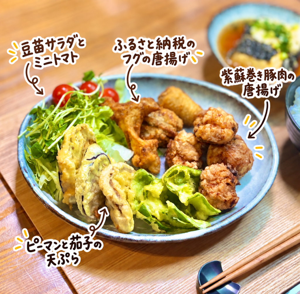 ふるさと納税のフグの唐揚げと紫蘇巻き豚肉の唐揚げ、ピーマンと茄子の天ぷら、豆苗とミニトマトのサラダを盛り付けた揚げものプレート