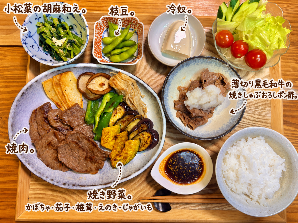 焼肉と薄切り黒毛和牛の焼きしゃぶおろしポン酢、かぼちゃ・茄子・椎茸・えのき・じゃがいもの焼き野菜、小松菜の胡麻和え、枝豆、冷奴、サラダ、白ごはんを並べたおうち焼肉の晩ごはん献立