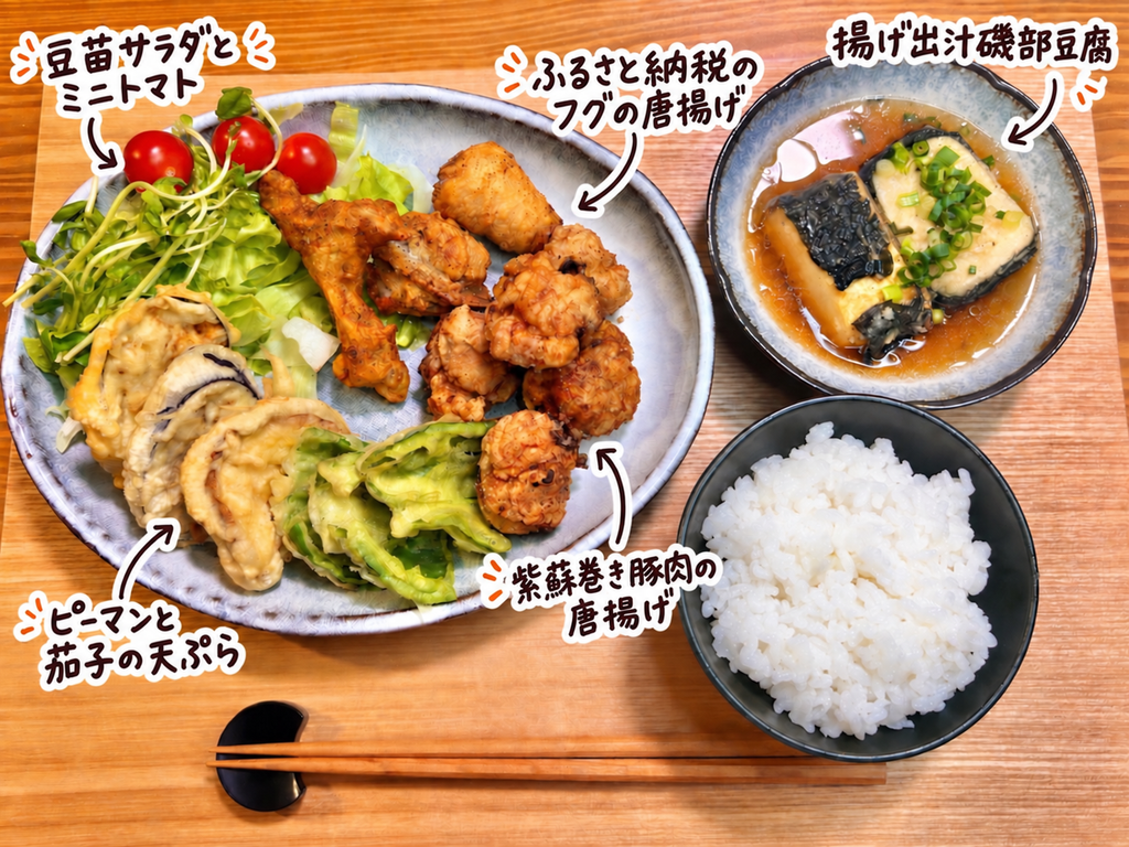 ふるさと納税のフグの唐揚げ、紫蘇巻き豚肉の唐揚げ、ピーマンと茄子の天ぷら、揚げ出汁磯部豆腐、豆苗とミニトマトのサラダを並べた旦那キッチンの晩ごはん献立