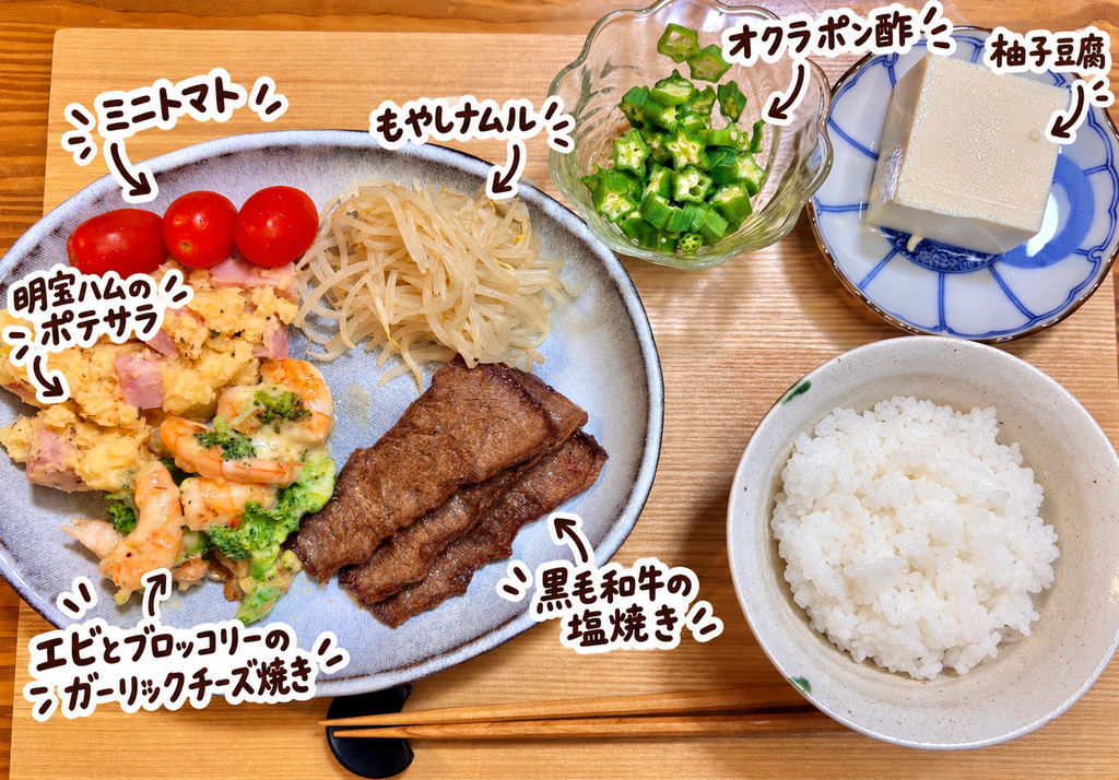 黒毛和牛の塩焼き、エビとブロッコリーのガーリックチーズ焼き、明宝ハムのポテサラ、もやしナムル、ミニトマト、オクラポン酢、柚子豆腐、白ごはんを並べた晩ごはん献立