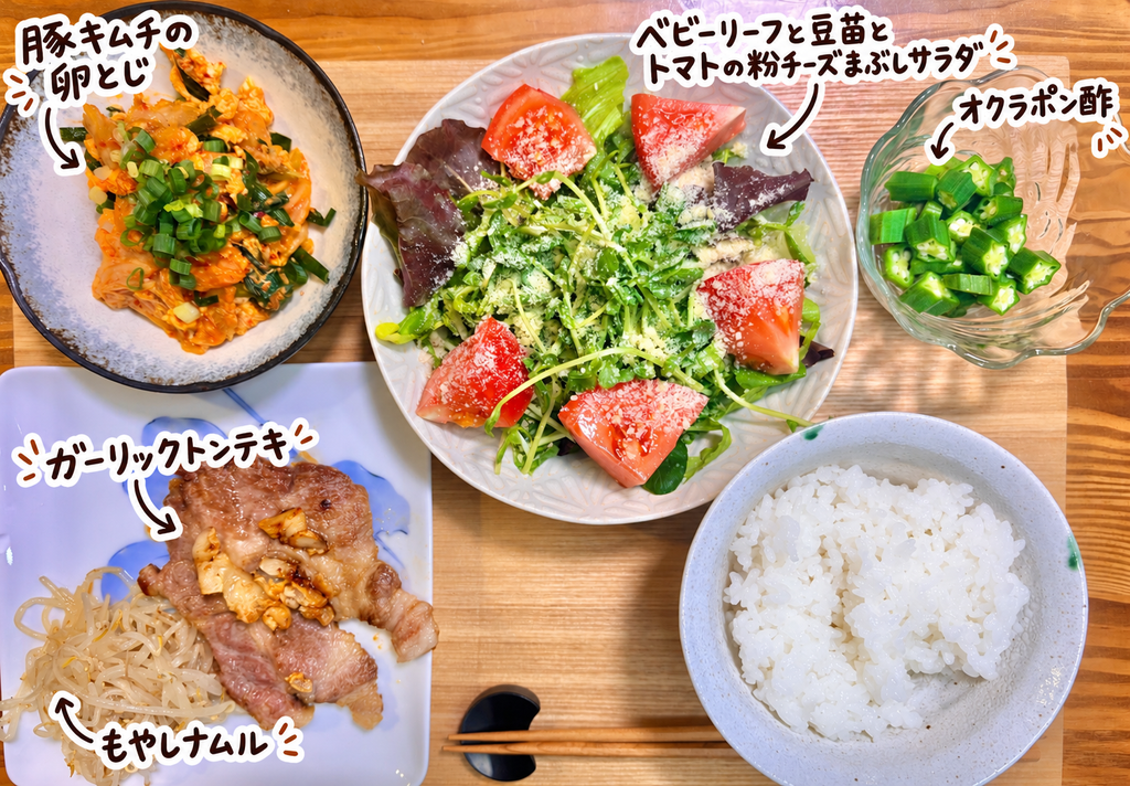 ガーリックトンテキと豚キムチの卵とじ、ベビーリーフと豆苗とトマトの粉チーズサラダ、オクラポン酢、もやしナムルを並べた旦那キッチンの晩ごはん献立