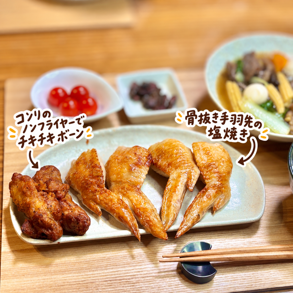 香ばしく焼いた骨抜き手羽先の塩焼きと、コソリのノンフライヤーで温めたチキチキボーンを盛り付けた鶏肉のおかず