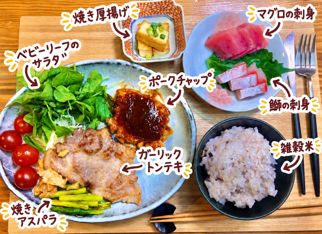 ガーリックトンテキ、ポークチャップ、マグロと鰤の刺身、焼き厚揚げ、焼きアスパラ、ベビーリーフサラダ、雑穀米を並べた晩ごはん献立