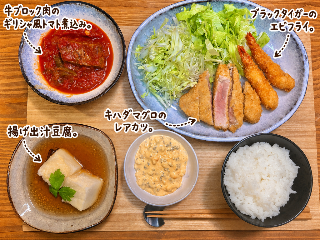 キハダマグロのレアカツ、ブラックタイガーのエビフライ、自家製タルタルソース、牛ブロック肉のギリシャ風トマト煮込み、揚げ出汁豆腐、キャベツとレタス、白ごはんを並べたボリューム満点の晩ごはん献立