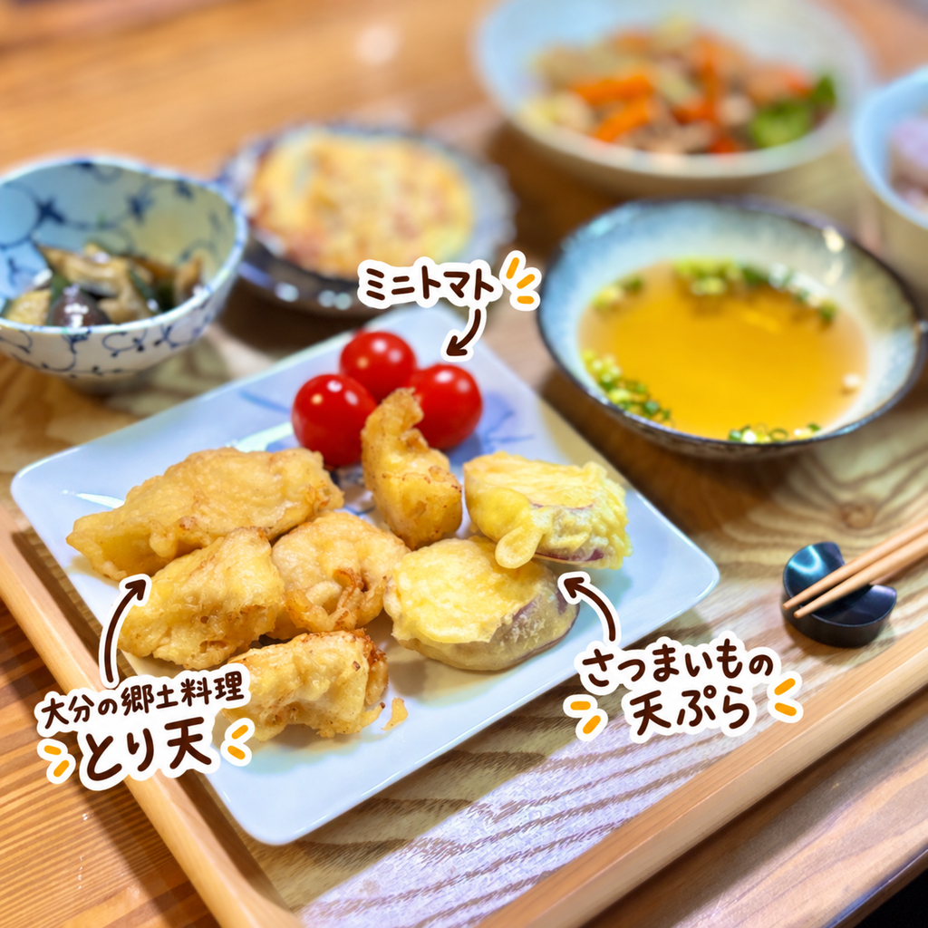 大分名物の鶏胸肉のとり天とさつまいもの天ぷら、ミニトマトを盛り付けた家庭料理の一皿