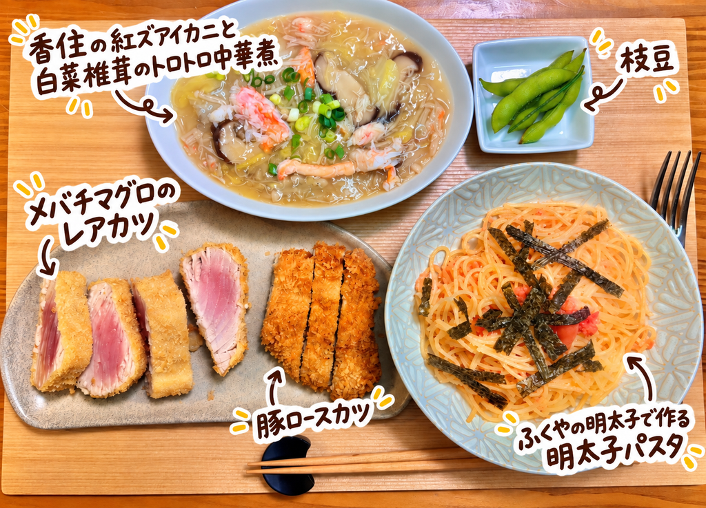 メバチマグロのレアカツ、豚ロースカツ、ふくやの明太子で作る明太子パスタ、香住の紅ズワイガニと白菜・椎茸のトロトロ中華煮、枝豆を並べた旦那キッチンの晩ごはん献立