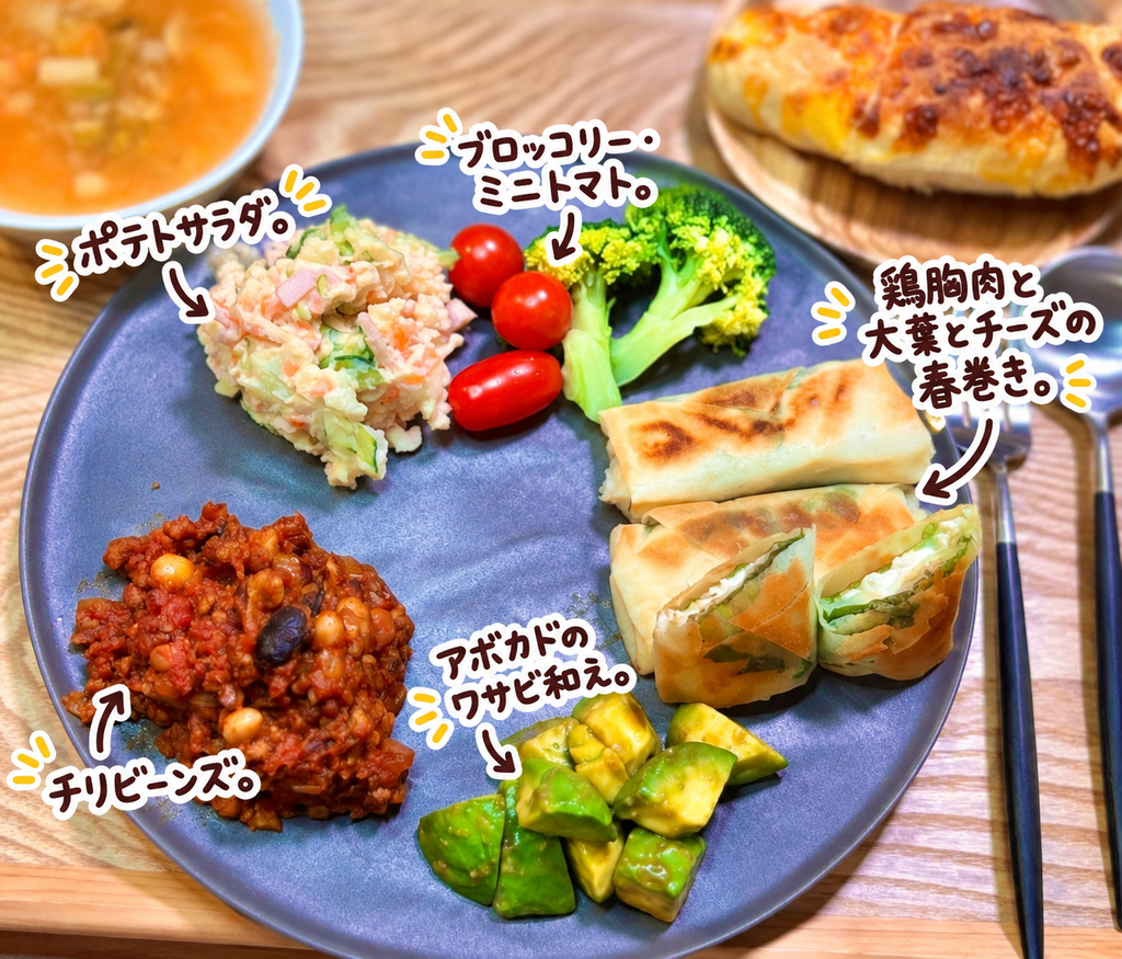 鶏胸肉と大葉とチーズの春巻きを主役に、チリビーンズ、ポテトサラダ、アボカドのわさび和え、ブロッコリーとミニトマトを盛り付けた彩りワンプレート