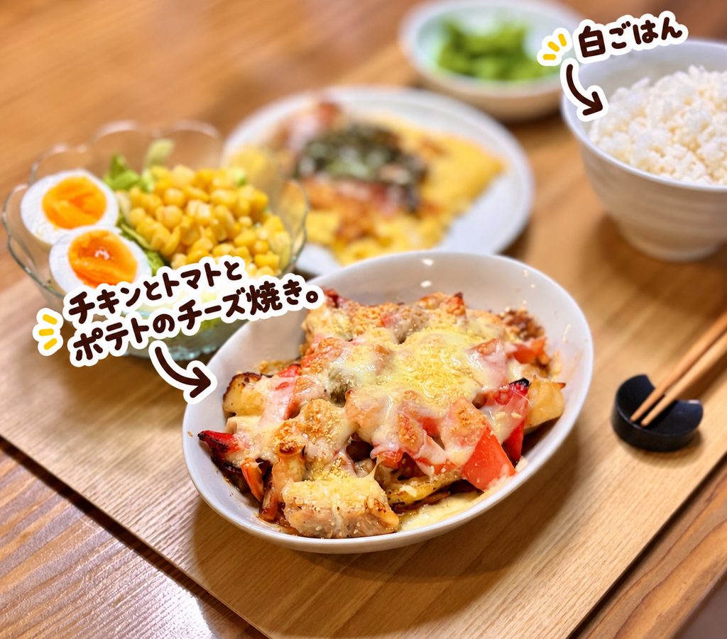 チキンとトマトとポテトにたっぷりチーズをのせて焼いたチーズ焼きと白ごはんの晩ごはん