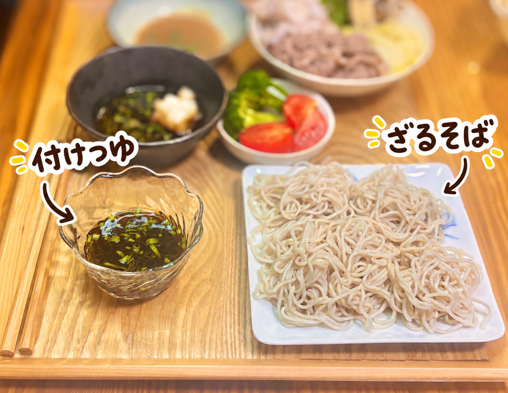 冷たくしめたざるそばと、ねぎ入りのつけつゆを木製トレーに盛り付けた和食の食卓