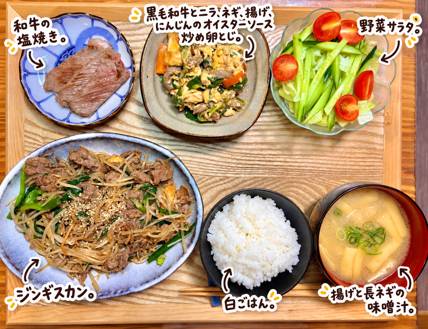 ジンギスカン、黒毛和牛とニラ・ネギ・揚げ・にんじんのオイスターソース炒め卵とじ、和牛の塩焼き、野菜サラダ、揚げと長ネギの味噌汁、白ごはんを並べた晩ごはん献立