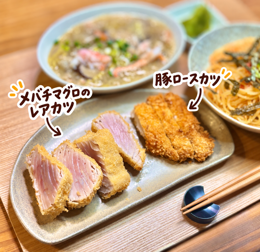 中をレアに仕上げたメバチマグロのレアカツとサクサクの豚ロースカツを盛り合わせた手作りカツプレート